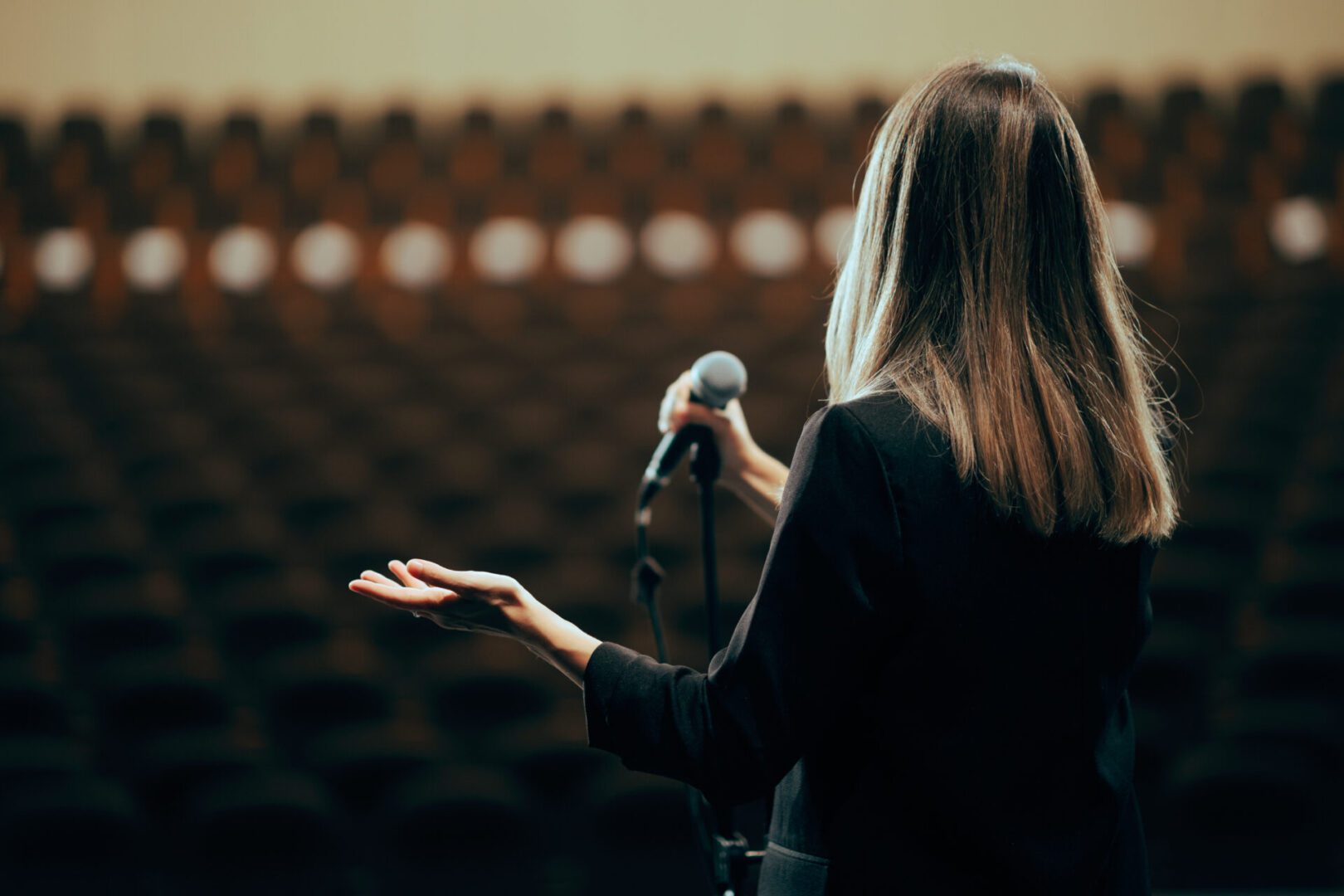 Speaker addressing empty auditorium with microphone.